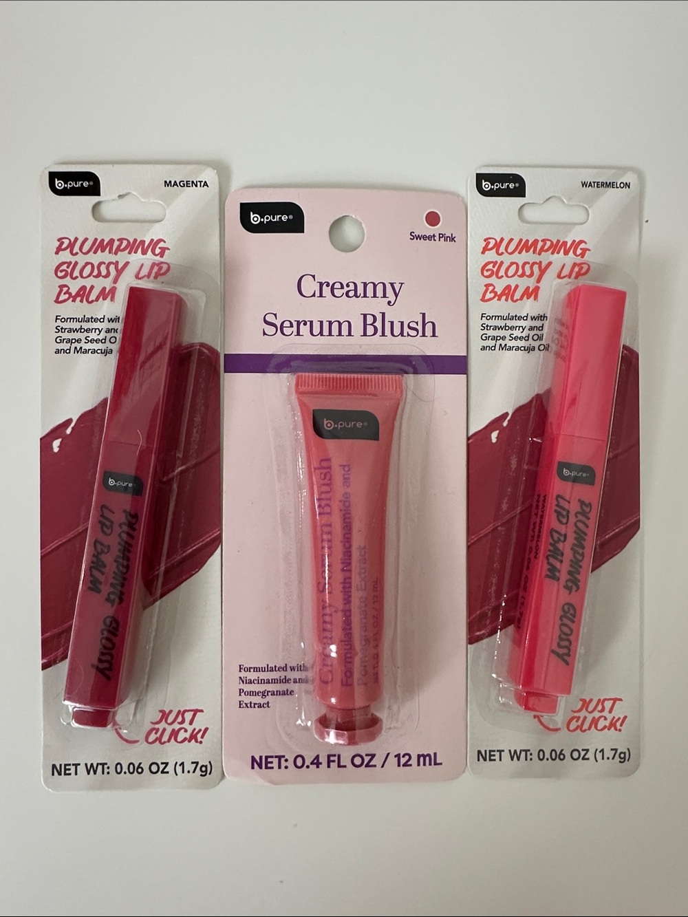 b Pure Plumping Glossy Lip Balms (Magenta & Watermelon) & Creamy Serum Blush